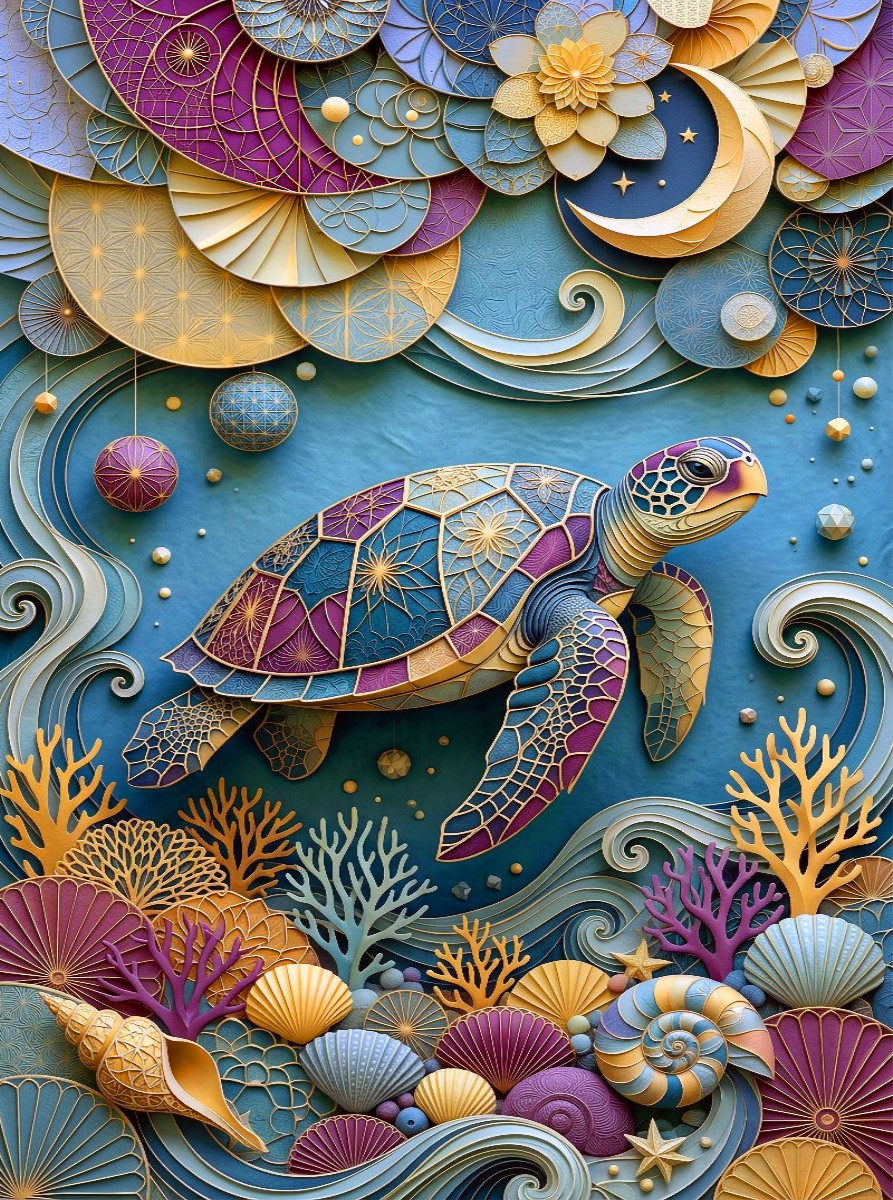 Meeresschildkröte und Muscheln - farbenfrohe Collage