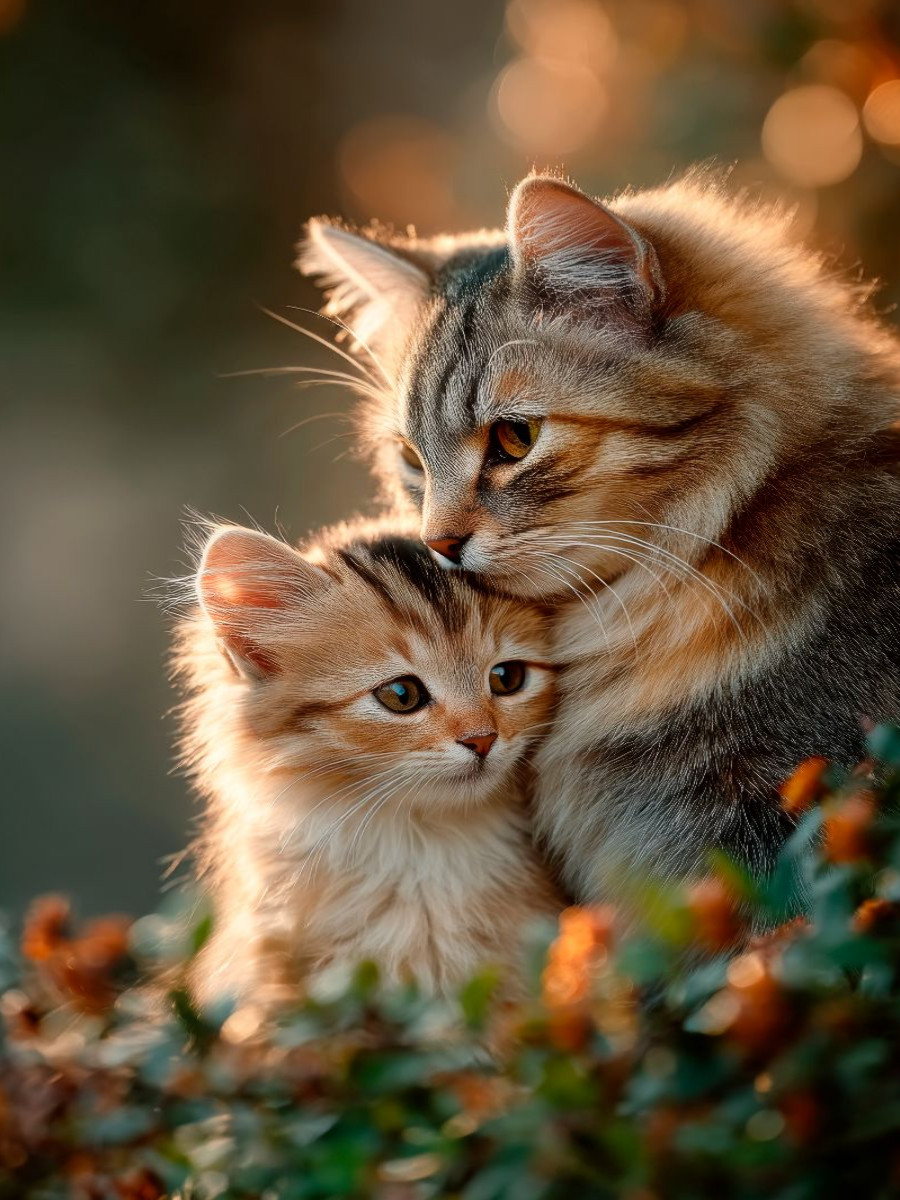 Katzenmama und Kitten beim Schmusen