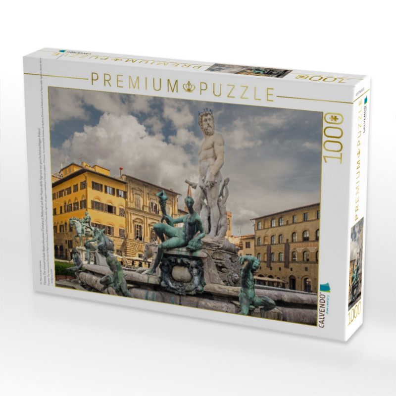 Florenz: Der monumentale Neptunbrunnen (Fontana di Nettuno) auf der Piazza della Signoria vor geschichtsträchtigen Palazzi.