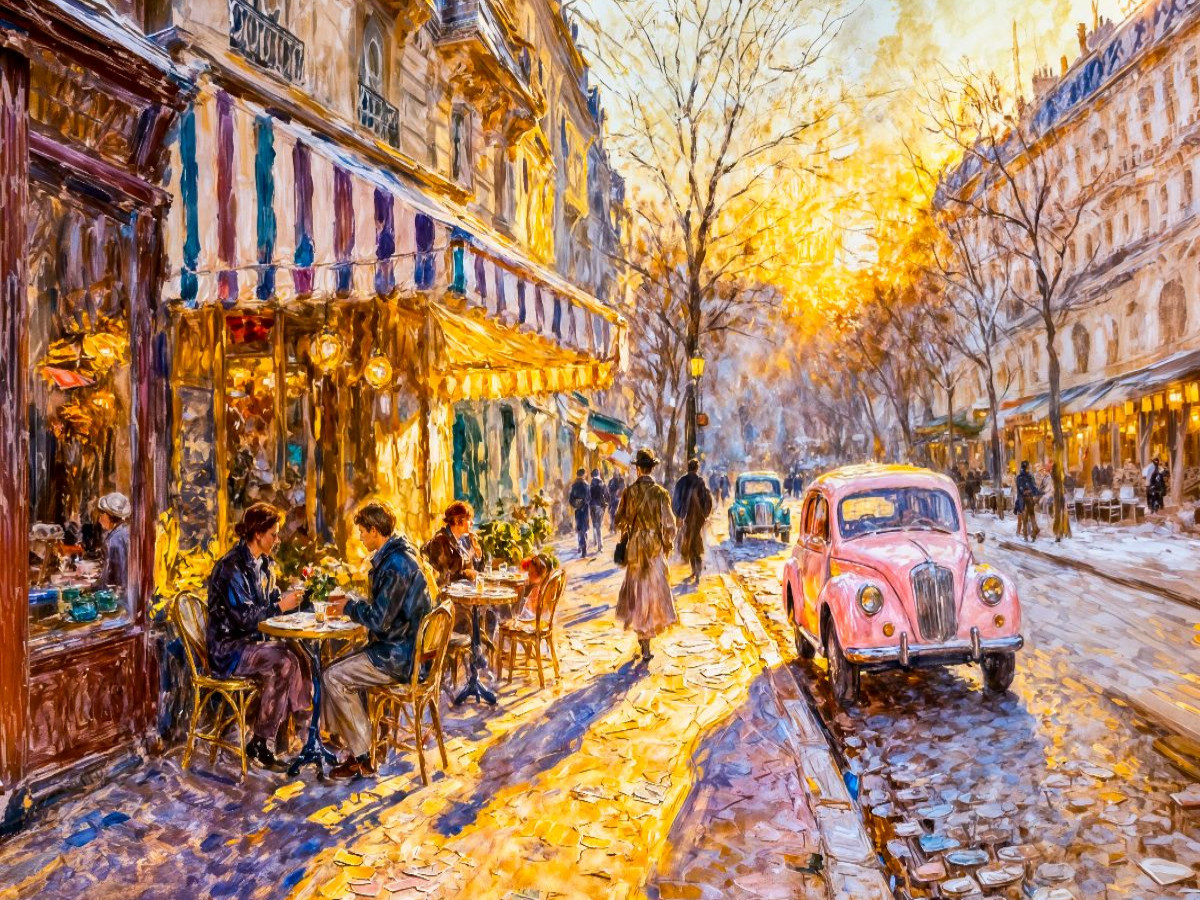 Erste Sonnenstrahlen im Außencafé Impressionistisches Puzzle