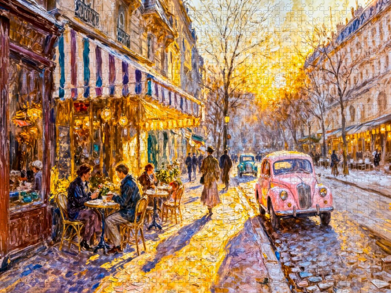 Erste Sonnenstrahlen im Außencafé Impressionistisches Puzzle