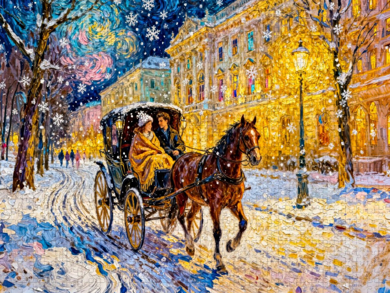 Kutschfahrt am Abend durch verschneite Laternenstadt Puzzle
