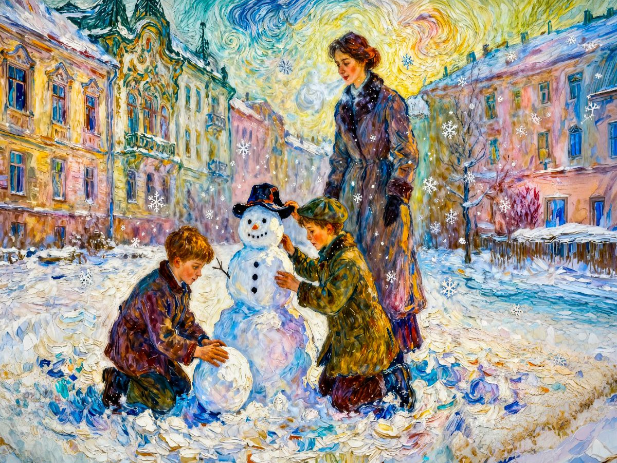 Kinder bauen Schneemann in verschneiter Stadt Impressionismus Puzzle