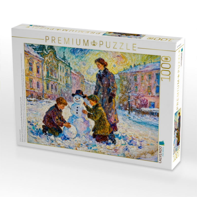 Kinder bauen Schneemann in verschneiter Stadt Impressionismus Puzzle