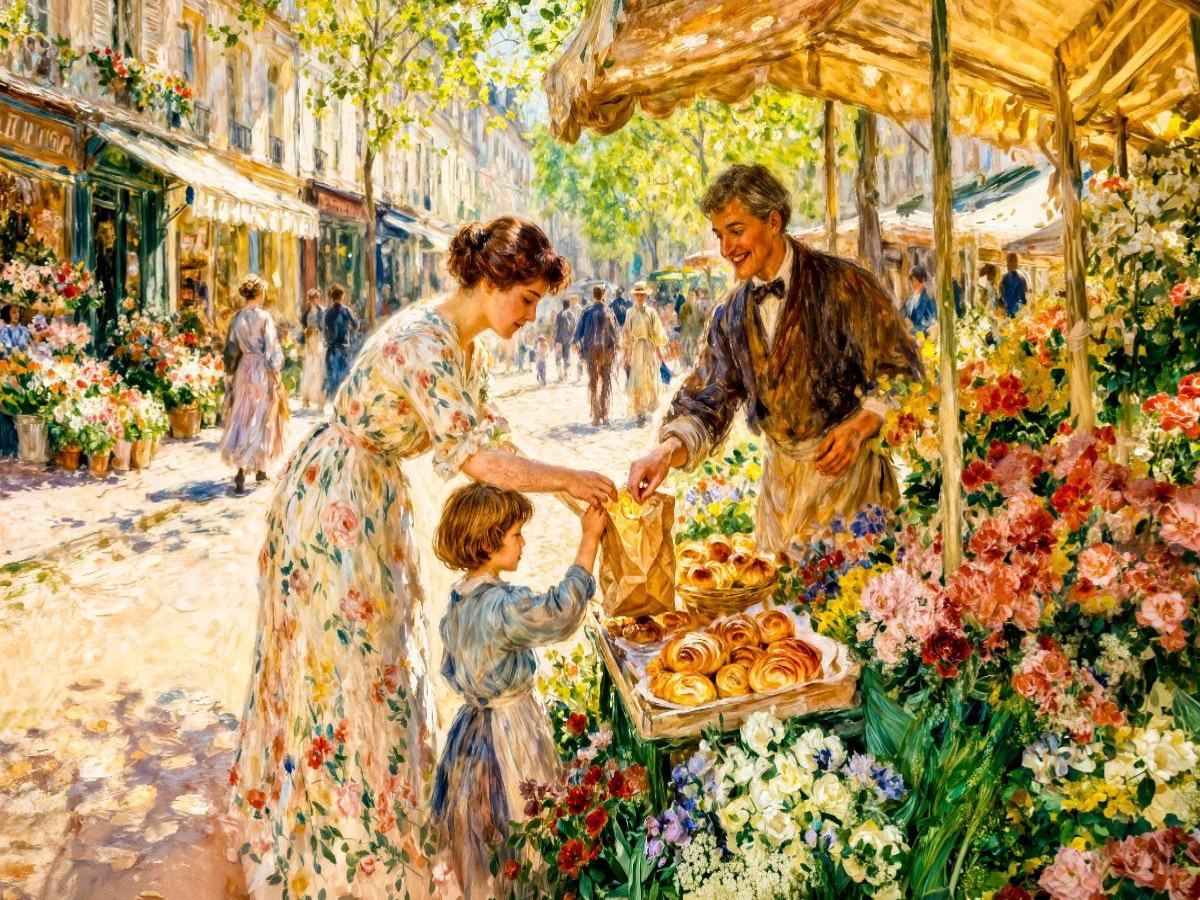 Sommerliche Wochenmarktszene Mutter und Kind Impressionismus Puzzle