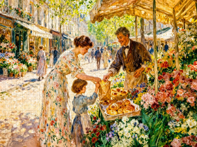 Sommerliche Wochenmarktszene Mutter und Kind Impressionismus Puzzle
