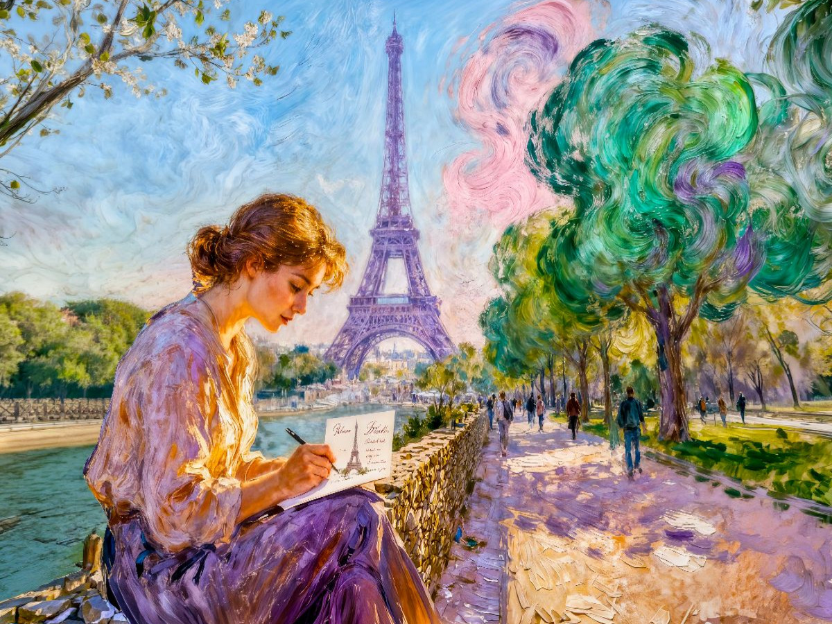 Frau schreibt Postkarte an der Seine Paris Impressionismus Puzzle