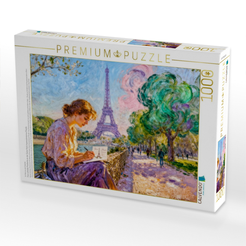 Frau schreibt Postkarte an der Seine Paris Impressionismus Puzzle