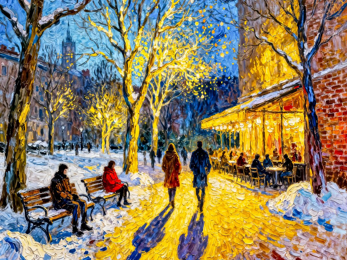 Winterliche Stadtszene am Parkrand mit Laternenlicht Impressionismus Puzzle