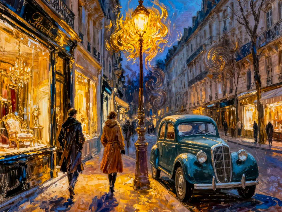 Abendliche Straßenszene mit Oldtimer im Laternenlicht Impressionismus Puzzle