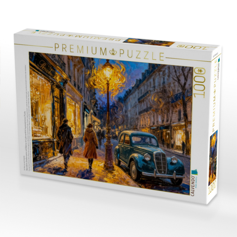 Abendliche Straßenszene mit Oldtimer im Laternenlicht Impressionismus Puzzle