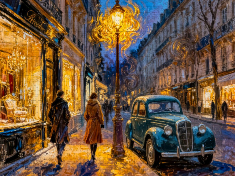 Abendliche Straßenszene mit Oldtimer im Laternenlicht Impressionismus Puzzle