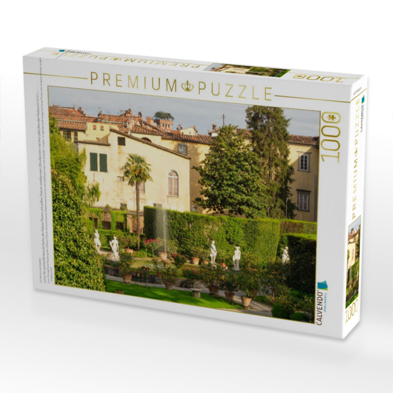Lucca: Der prachtvolle barocke Garten des Palazzo Pfanner mit antiken Statuen, mediterranen Zitrusbäumen und einer plätschernden Fontäne im Frühlingslicht.