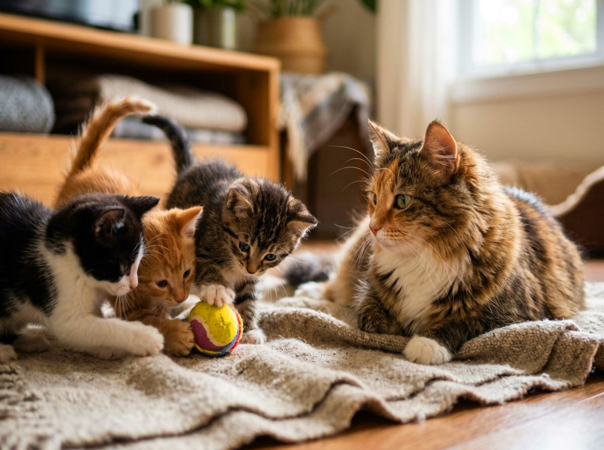 Kätzchen spielen mit dem Ball