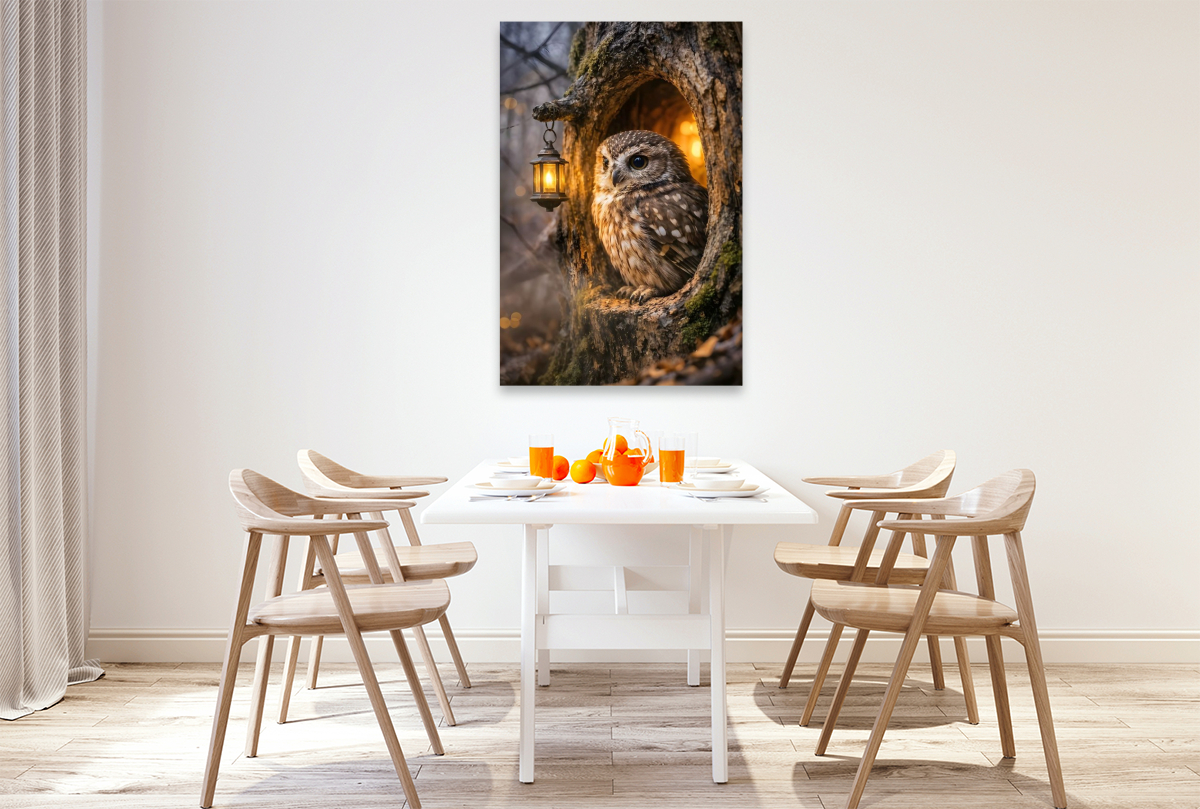 Die kleine Eule an ihrer Baumhöhle