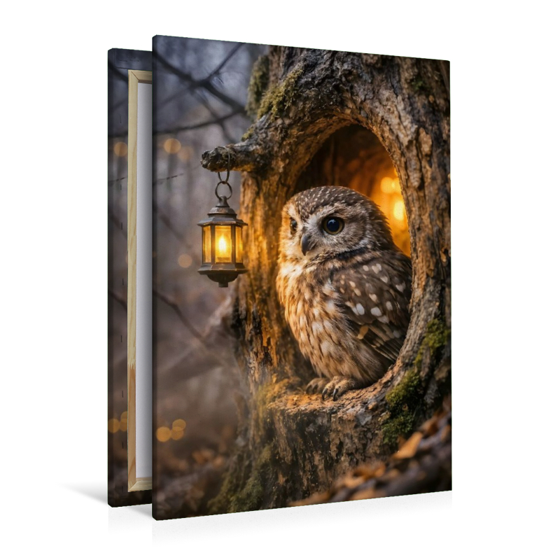 Die kleine Eule an ihrer Baumhöhle