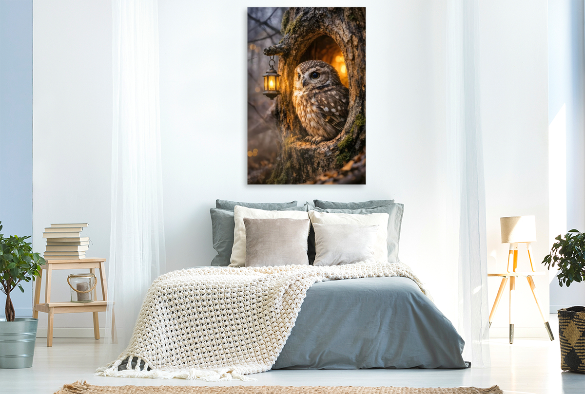 Die kleine Eule an ihrer Baumhöhle