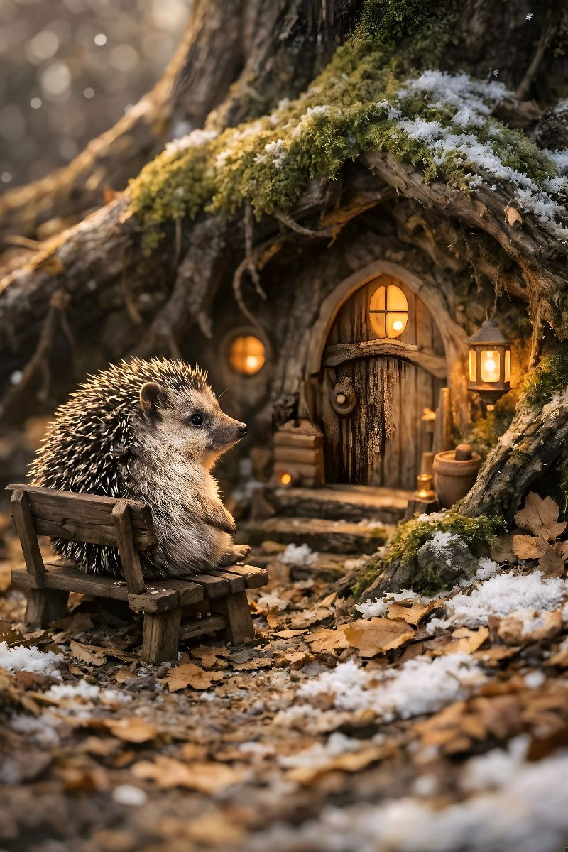Der kleine Igel vor seinem Wurzelhaus
