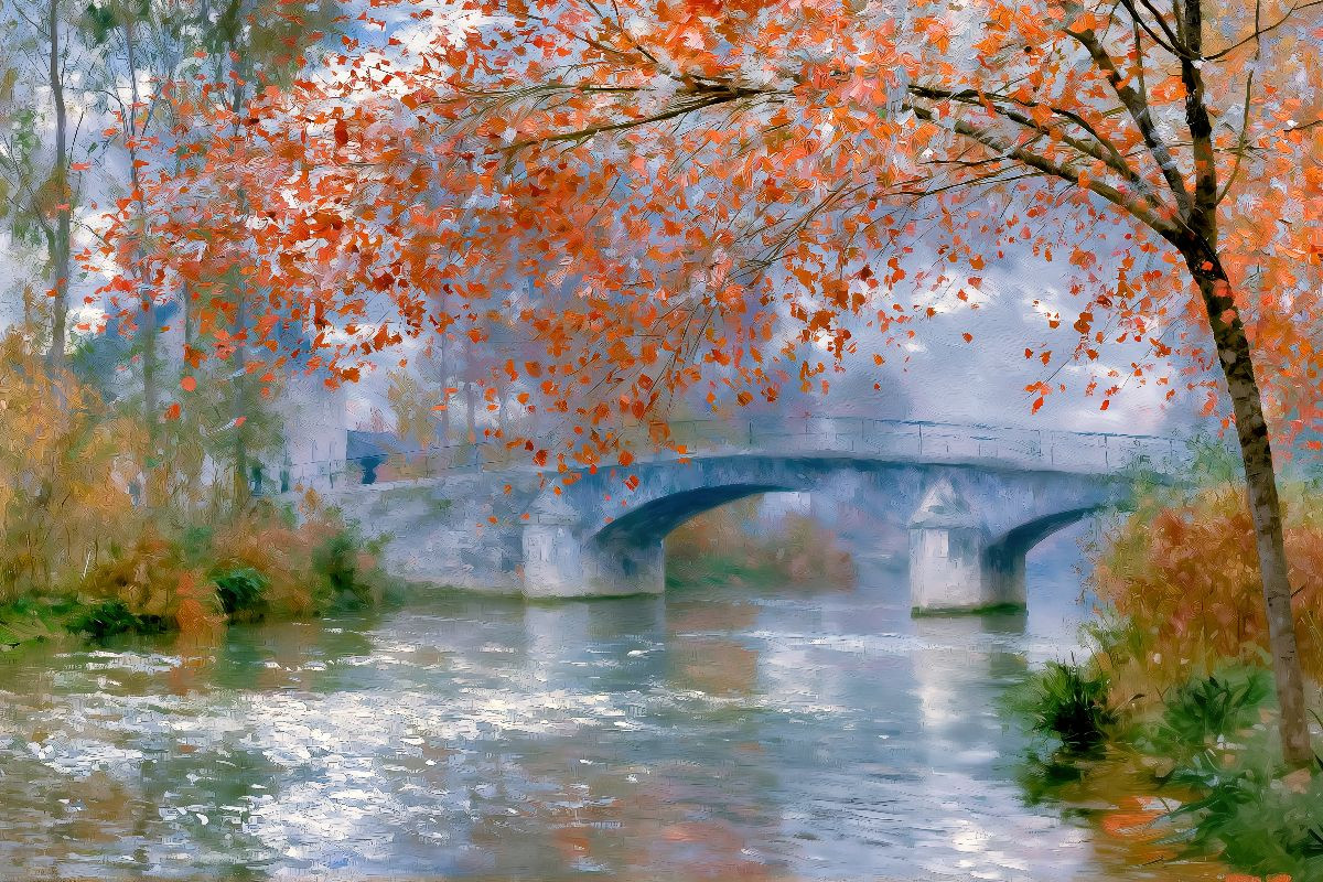 Fluss mit Brücke im Herbst