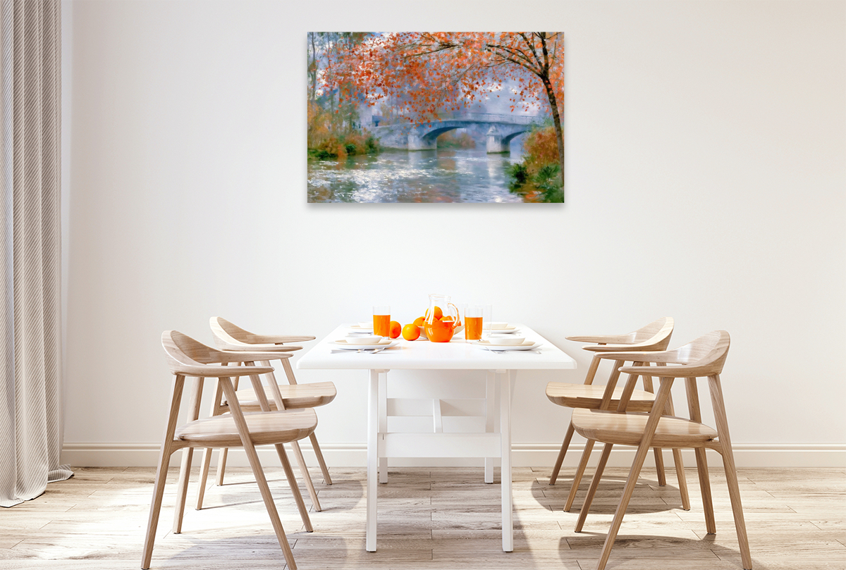 Fluss mit Brücke im Herbst