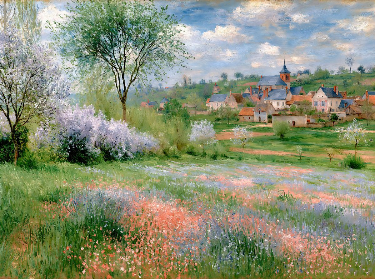 Bunte Wiesen mit Blick zum Dorf
