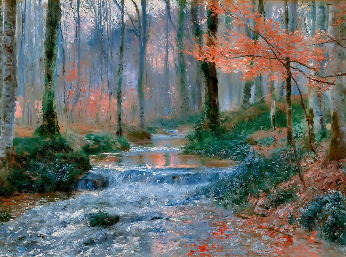 Kühler Bach im lichten Wald