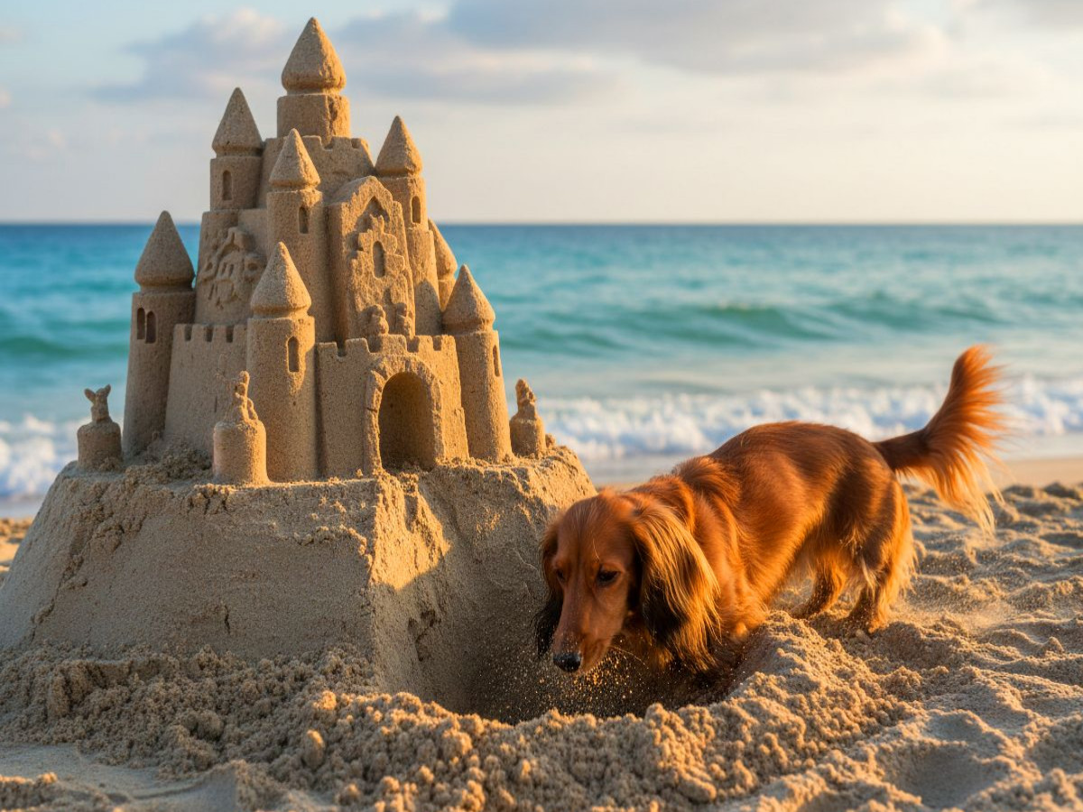 Dackel buddelt an Sandburg am Strand