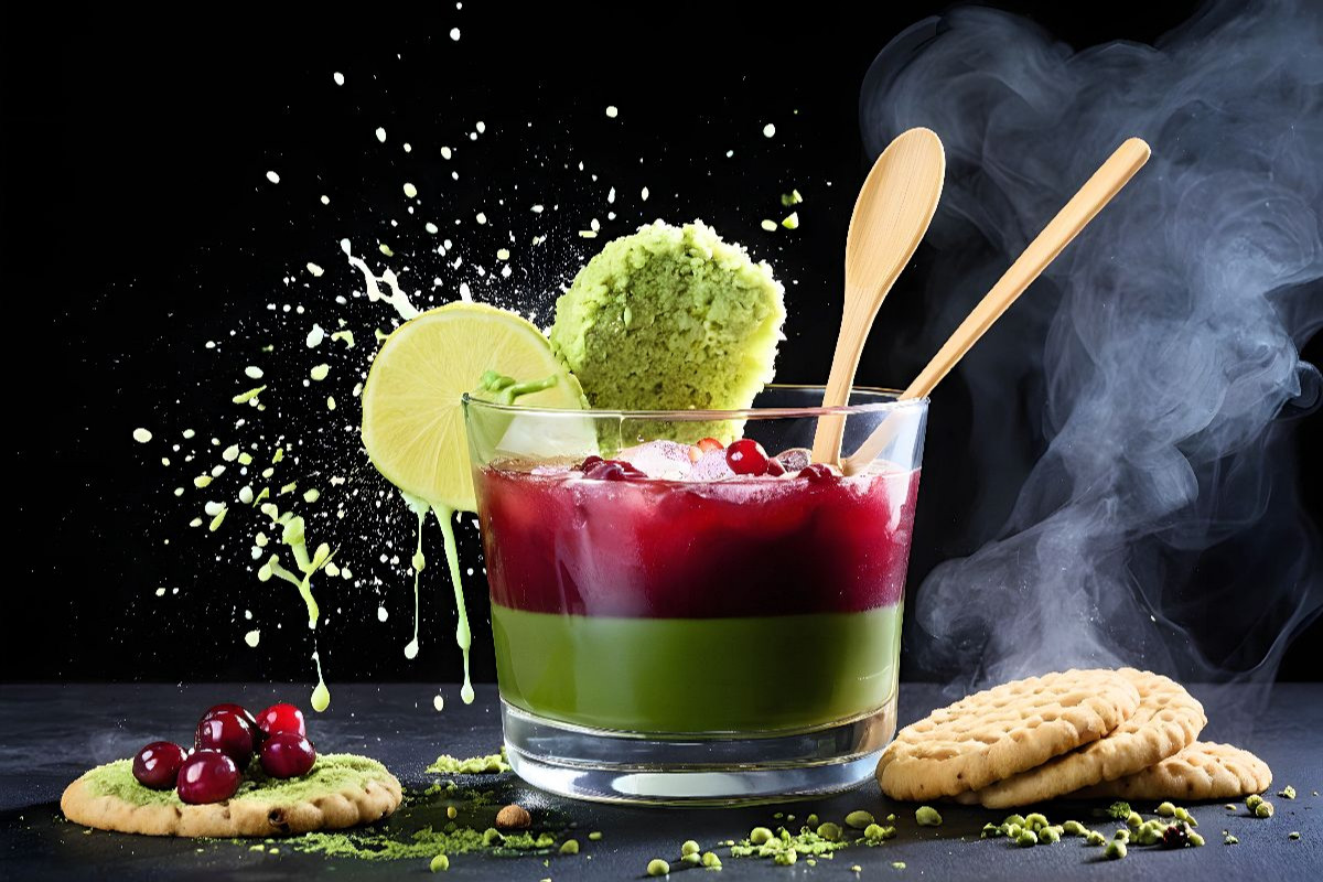 Lifestyle-Getränk Cranberry-Matcha-Latte mit Matcha-Cookie