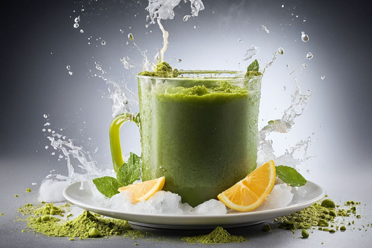 Matcha-Latte serviert auf einem Bett aus zerstoßenem Eis