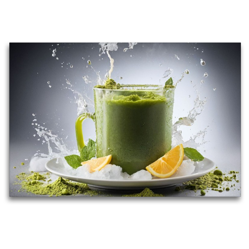 Matcha-Latte serviert auf einem Bett aus zerstoßenem Eis