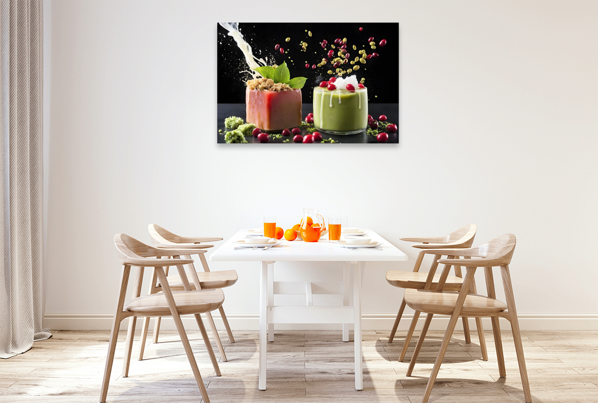 Rot glasiertes Matcha-Petit-Four mit Iced-Matcha-Latte