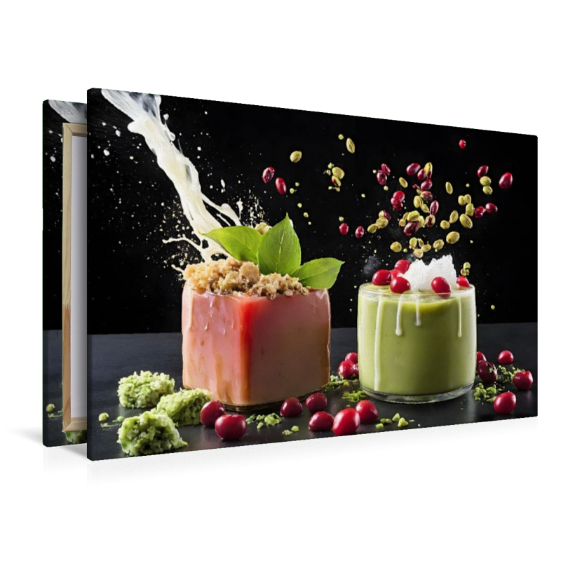Rot glasiertes Matcha-Petit-Four mit Iced-Matcha-Latte