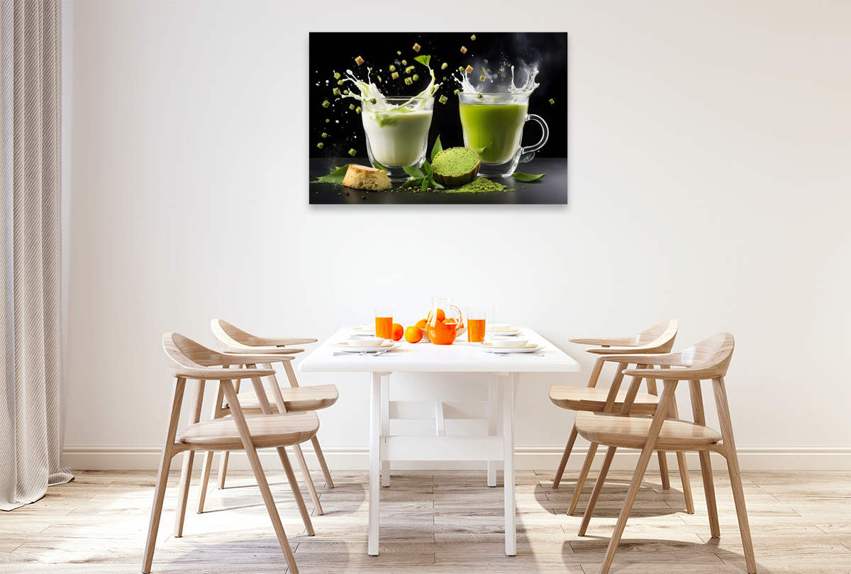 Vegane Matcha-Latte-Drinks mit Hafermilch und Matcha Mochi