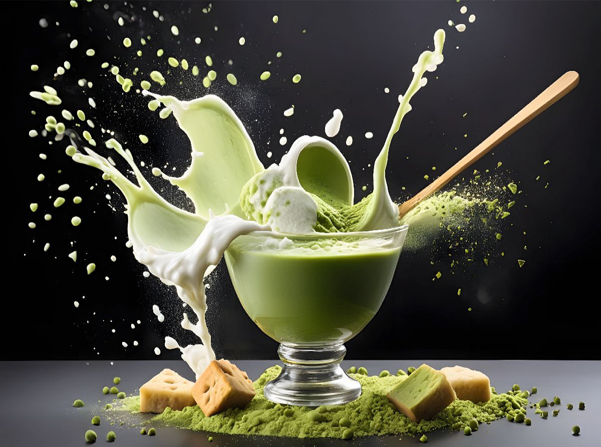 Stylische Dessert-Kreation aus Matcha-Creme und Matcha-Eis