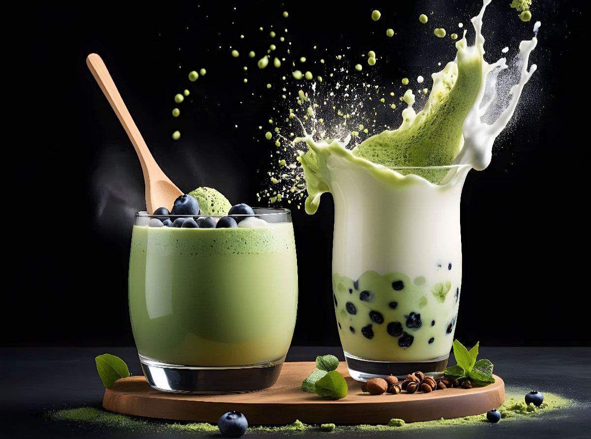 Matcha-Blackberry-Mousse und trendiger Matcha-Boba-Latte