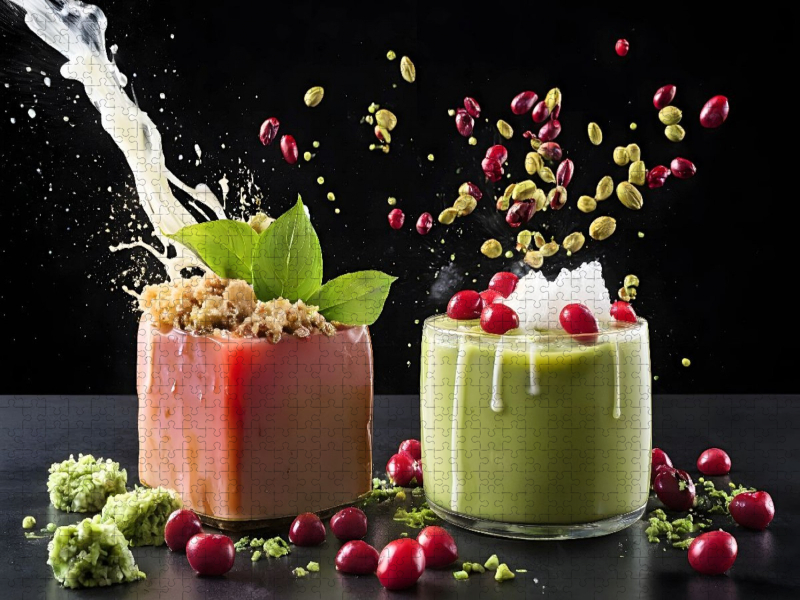 Rot glasiertes Matcha-Petit-Four mit Iced-Matcha-Latte