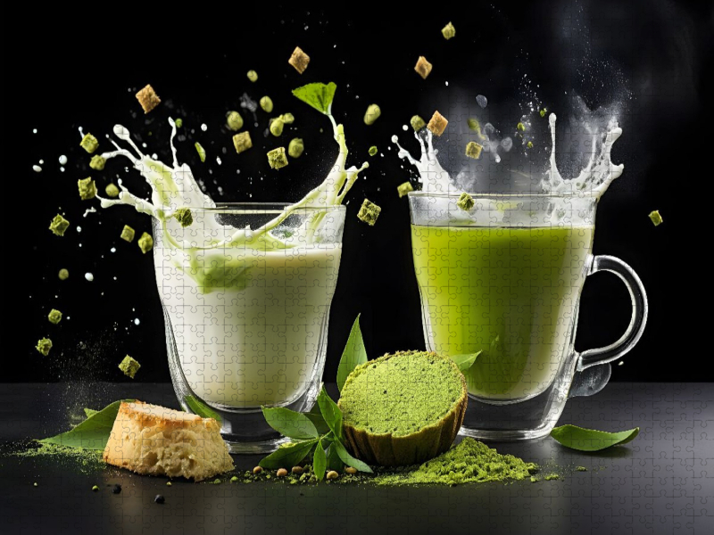 Vegane Matcha-Latte-Drinks mit Hafermilch und Matcha Mochi