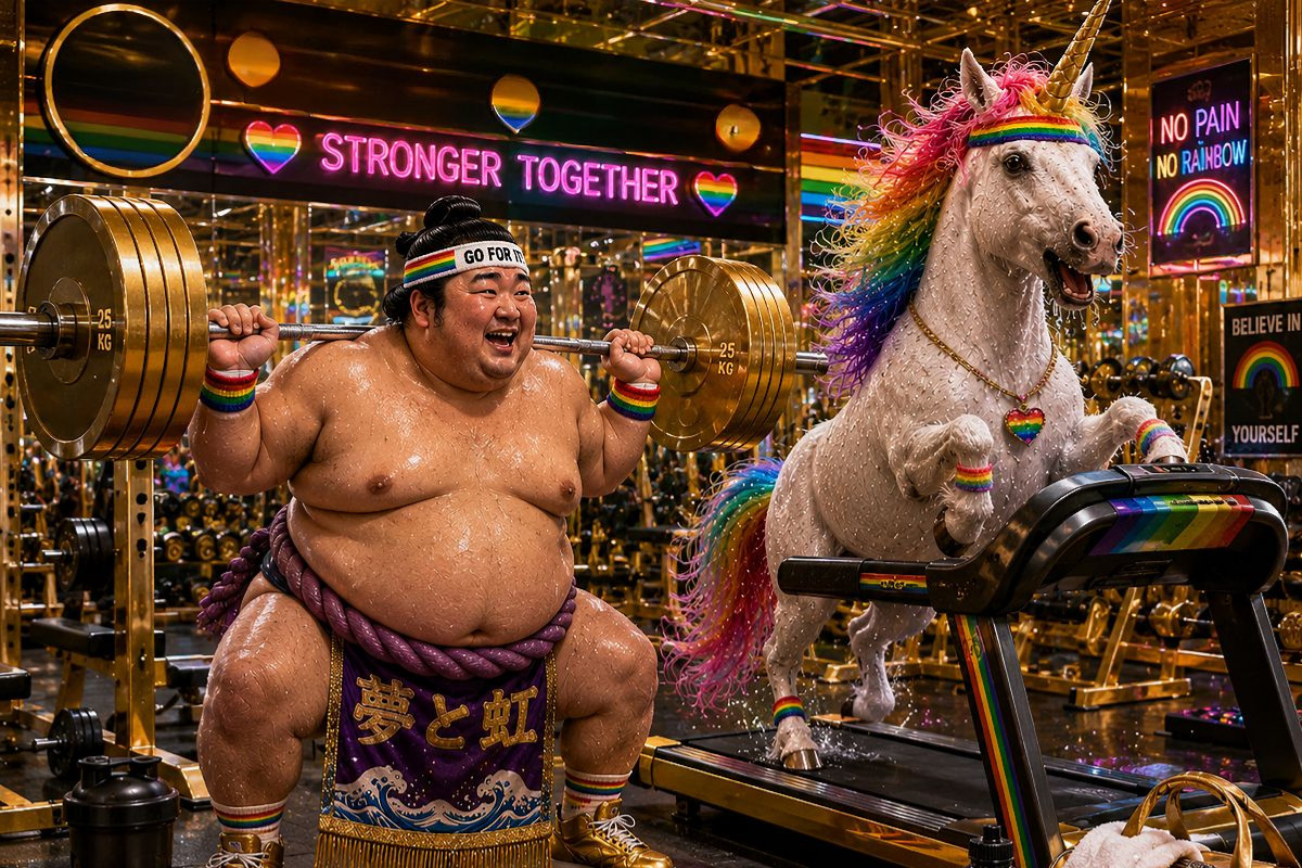 Sumoringer und Einhorn beim Sport