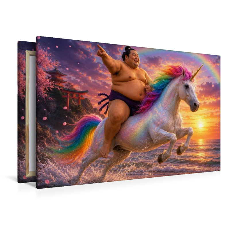 Sumoringer und Einhorn im Sonnenuntergang