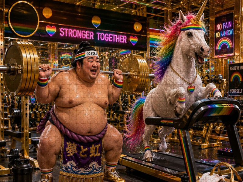 Sumoringer und Einhorn beim Sport