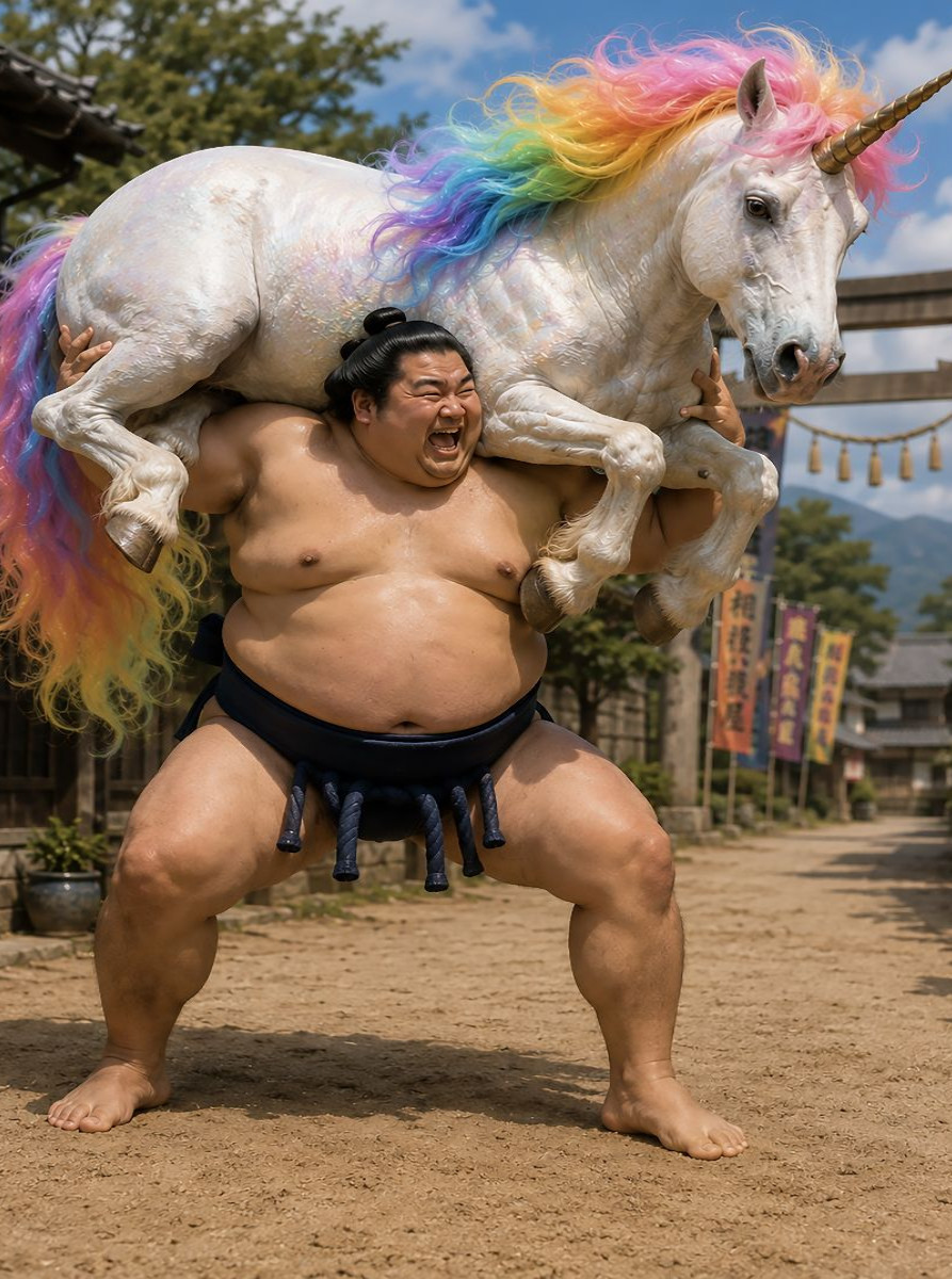 Sumoringer und Regenbogeneinhorn