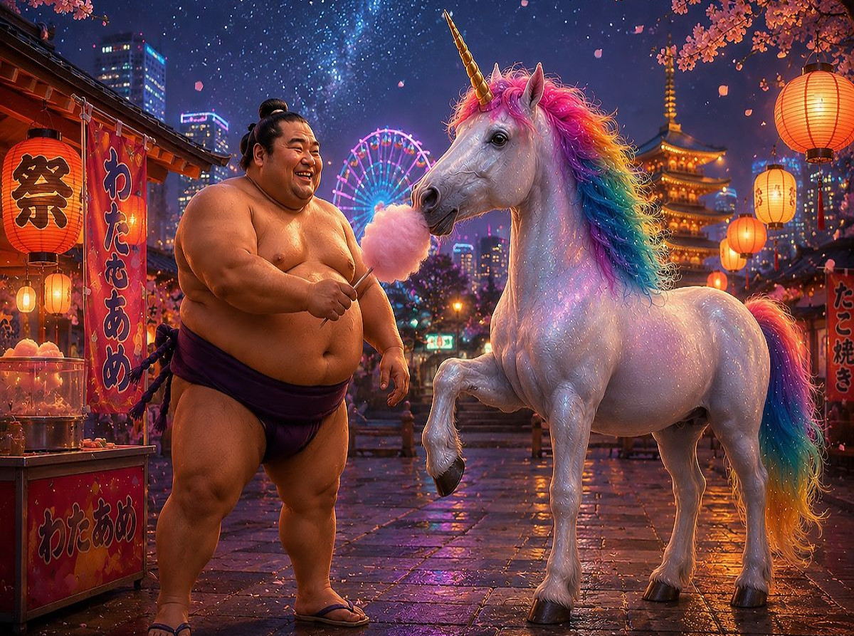 Sumoringer und Einhorn auf dem Jahrmarkt