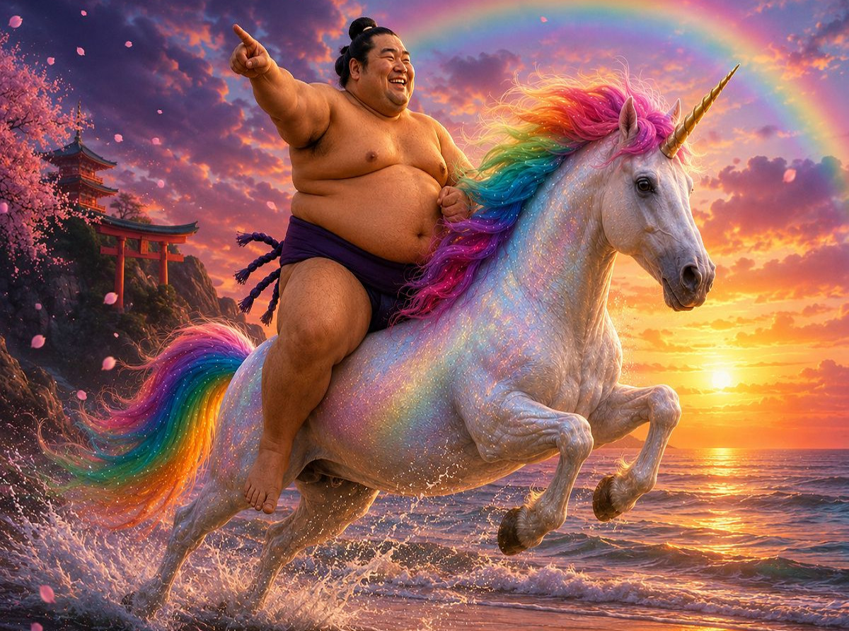 Sumoringer und Einhorn im Sonnenuntergang