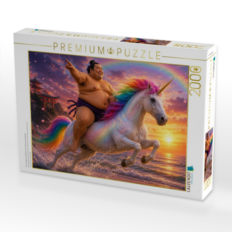 Sumoringer und Einhorn im Sonnenuntergang