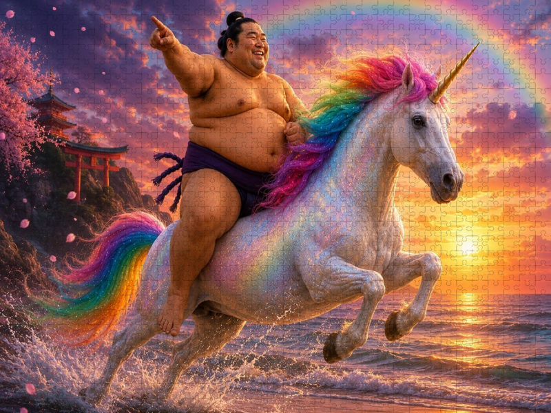 Sumoringer und Einhorn im Sonnenuntergang