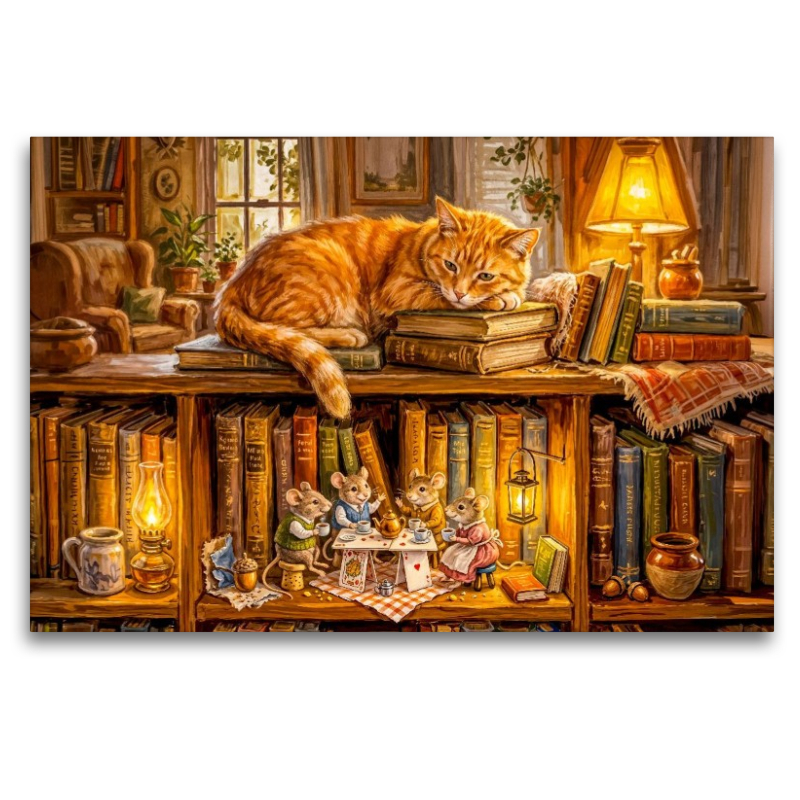 Schlafende Katze und Mäuse beim Abendkränzchen als Puzzle und Leinwand