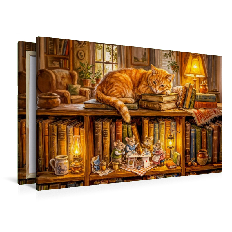Schlafende Katze und Mäuse beim Abendkränzchen als Puzzle und Leinwand