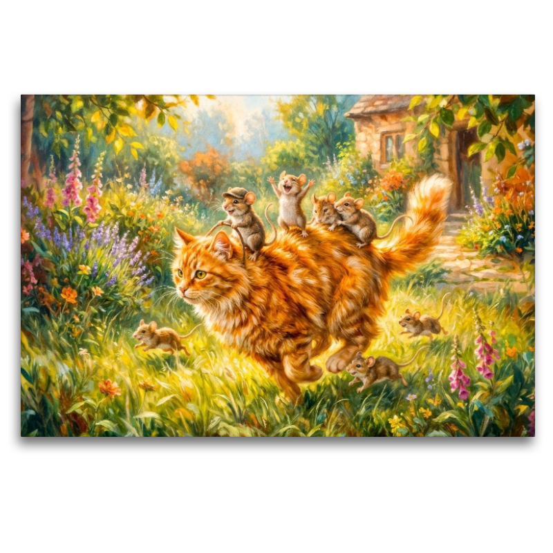 Mäuse reiten fröhlich auf der Katze durch den bunten Gartenspaß