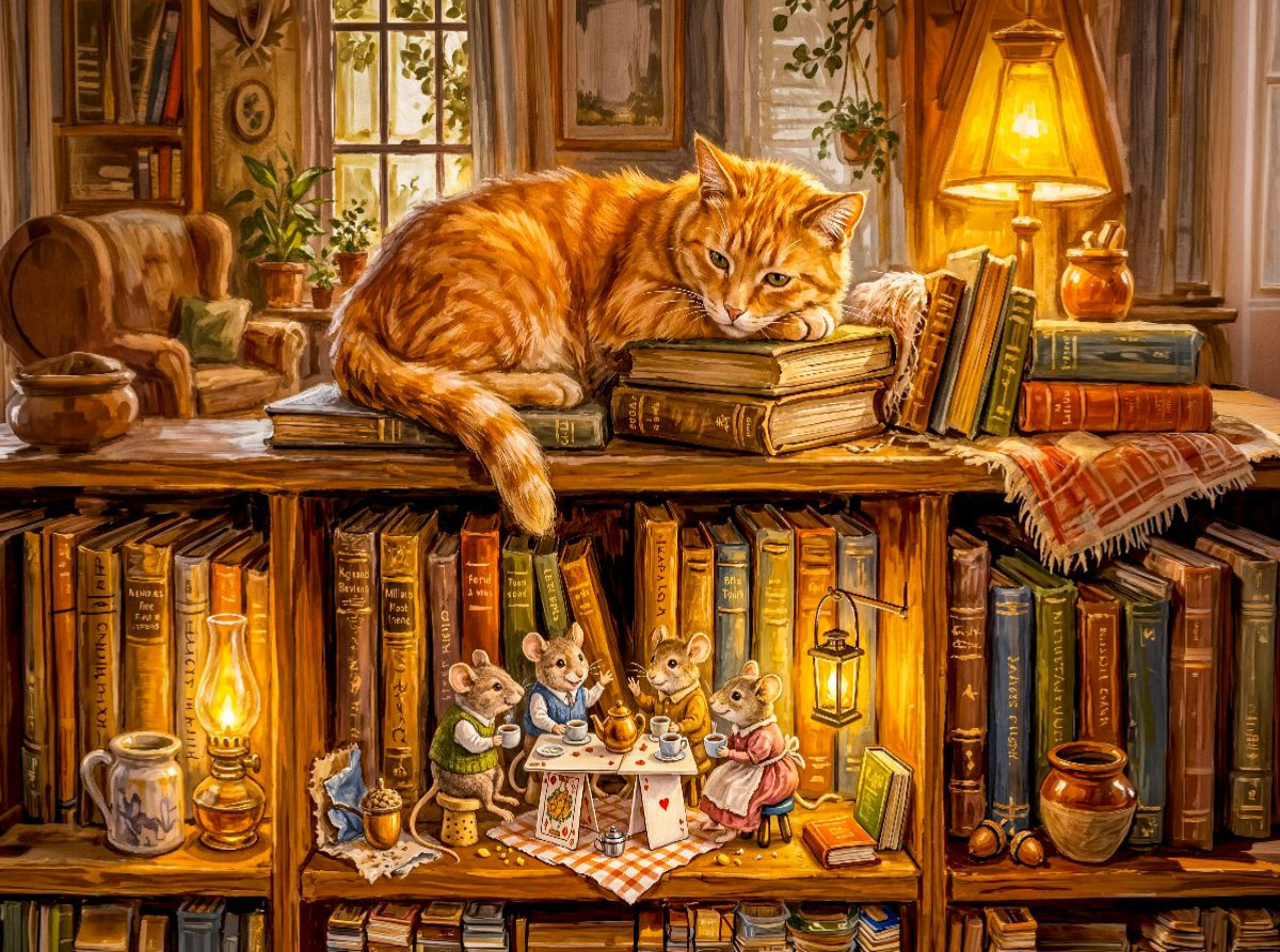 Schlafende Katze und Mäuse beim Abendkränzchen als Puzzle und Leinwand