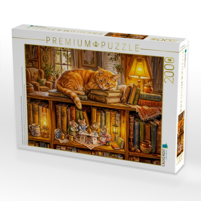 Schlafende Katze und Mäuse beim Abendkränzchen als Puzzle und Leinwand